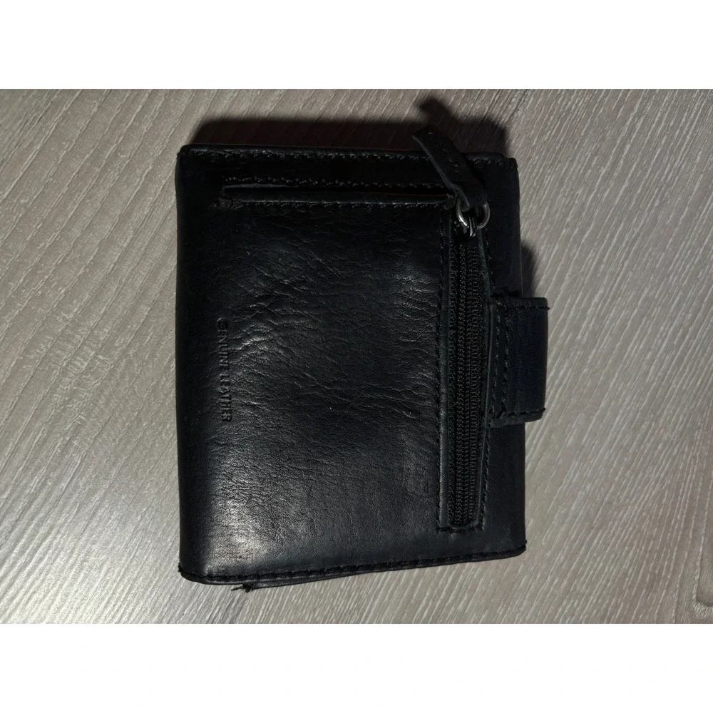 Genuine Black Leather Trifold Wallet Snap Closure Zip Coin Pocket ID Window